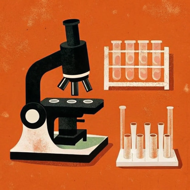 un fondo naranja con un microscopio negro y un conjunto de tubos de ensayo
