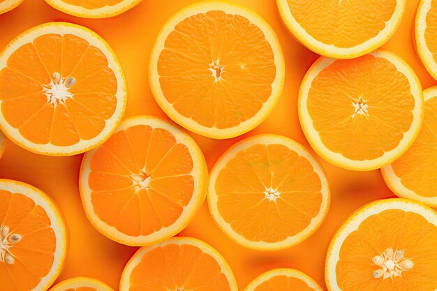 Foto fondo de naranjas medio cortadas sobre fondo naranja