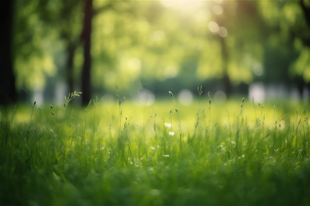 Fondo natural abstracto de hierba verde y árboles en verano con espacio de copia que brilla el sol