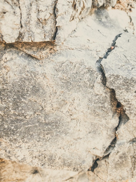 Fondo natural Grietas de acantilado en mal estado con bordes de primer plano Textura de roca de piedra gris marrón de las montañas Color de estilo mate vintage y descolorido en foto teñida Concepto de montañismo geológico o trabajo duro