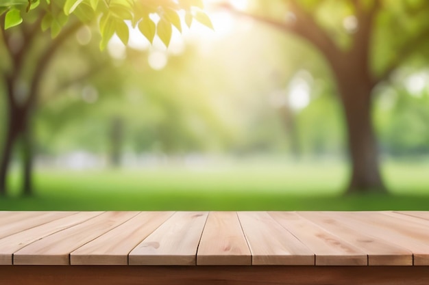 Fondo natural Mesa de madera para exhibición de alimentos y productos sobre jardín de árboles verdes borrosos Parque borroso naturaleza al aire libre y mesa de madera con fondo claro bokeh en primavera y verano
