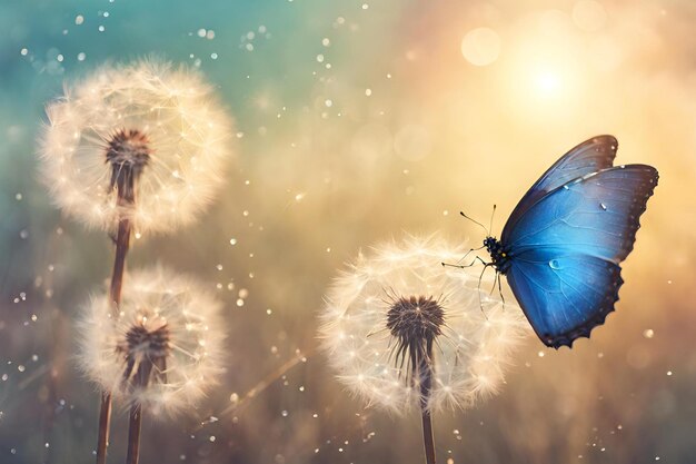 Foto fondo natural pastel morpho mariposa y diente de león semillas de una flor de diente de león