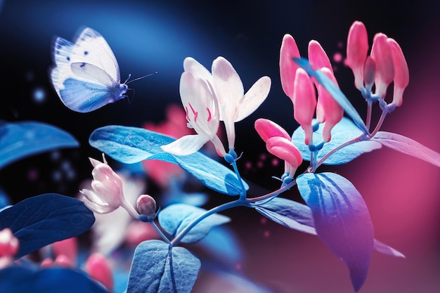 Fondo natural de primavera y verano Hermosa mariposa azul sobre un fondo de flores rosas