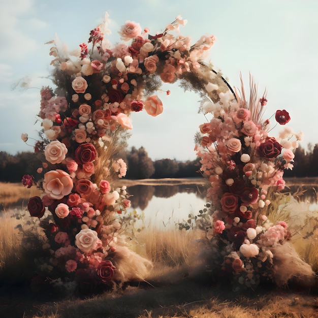 Fondo de naturaleza con arco floreciente en estilo vintage Hermoso arco de boda con flores