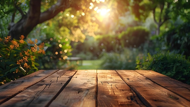 Fondo de naturaleza borroso con mesa de madera vacía para la exhibición de productos Concepto Fotografía de productos Fondo de naturaleza Tabla de madera con fondo borroso Exhibición de productos