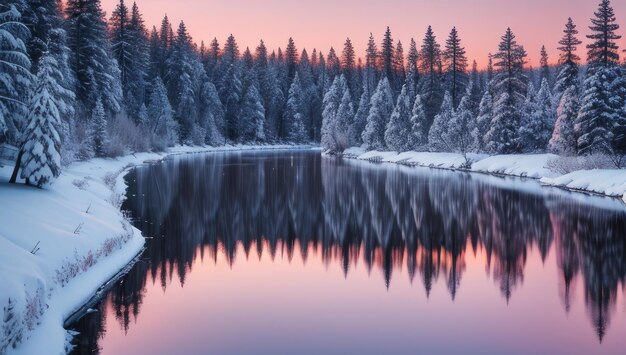 Fondo de naturaleza helada Paisaje de invierno con bosque congelado con lago Hora dorada del atardecer
