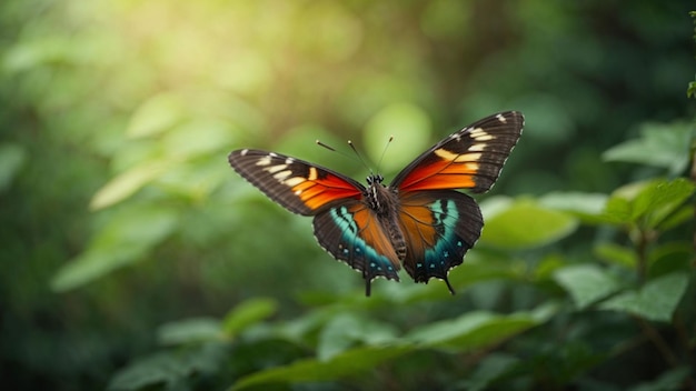 Fondo de la naturaleza con una hermosa mariposa voladora con bosque verde