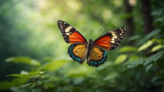 Fondo de la naturaleza con una hermosa mariposa voladora con bosque verde