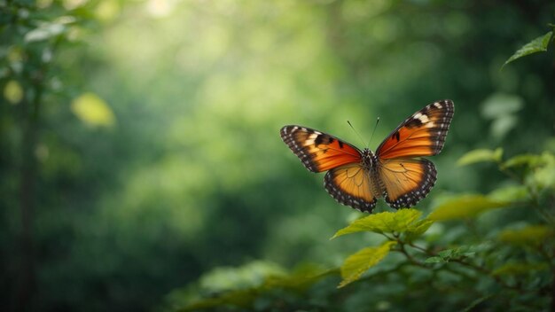 Fondo de la naturaleza con una hermosa mariposa voladora con bosque verde