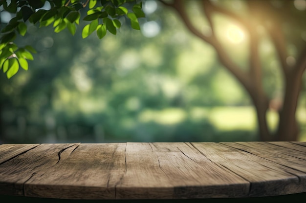 Fondo de naturaleza y madera de mesa para exhibición de productos.