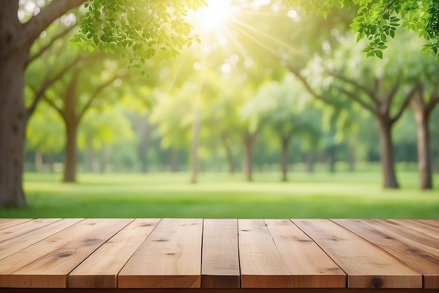 Fondo de la naturaleza Mesa de madera para la exhibición de alimentos y productos sobre el jardín de árboles verdes borrosos Parque de la naturaleza borroso al aire libre y mesa de madera con fondo de luz bokeh en primavera y verano