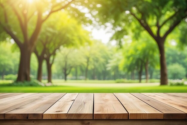Fondo de la naturaleza Mesa de madera para la exhibición de alimentos y productos sobre el jardín de árboles verdes borrosos Parque de la naturaleza borroso al aire libre y mesa de madera con fondo de luz bokeh en primavera y verano