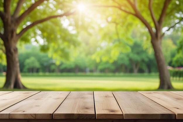 Fondo de la naturaleza Mesa de madera para la exhibición de alimentos y productos sobre el jardín de árboles verdes borrosos Parque de la naturaleza borroso al aire libre y mesa de madera con fondo de luz bokeh en primavera y verano