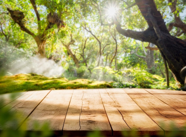 Fondo de la naturaleza Mesa de madera para exhibición de alimentos y productos sobre un jardín de árboles verdes borrosos