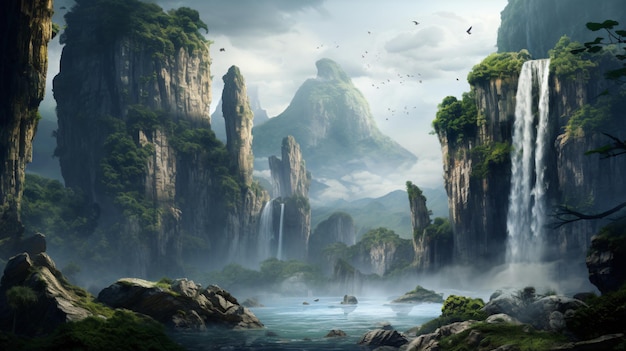 el fondo de la naturaleza muestra una majestuosa cascada que fluye por acantilados escarpados