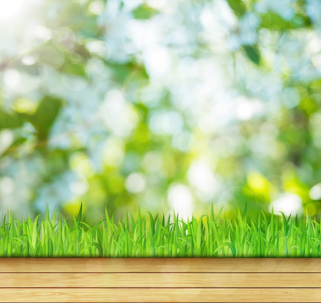 Fondo de naturaleza con pasto verde y piso de madera