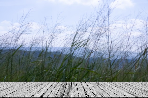 Fondo Naturaleza Planta Árbol con mesa de madera vacíaBarra de mostrador en blanco en desenfoque Bosque de crecimiento de vidrio verde con montaña en cielo azulMaqueta para agriculturaPicnicEntornoConcepto de temporada de primavera y verano