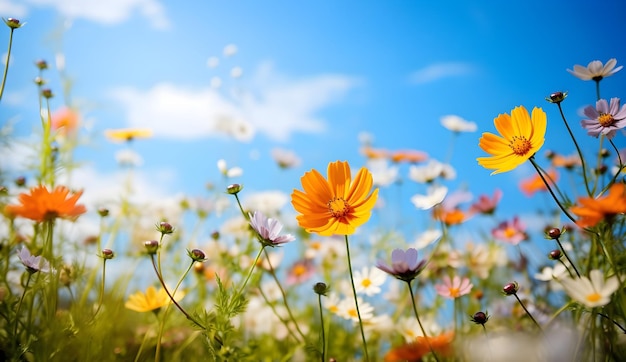 Fondo de naturaleza de prado de flores de verano vibrante con espacio de copia y luces bokeh
