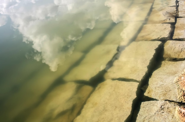 Foto fondo de naturaleza con rocas y reflejo de nubes en lago artificial