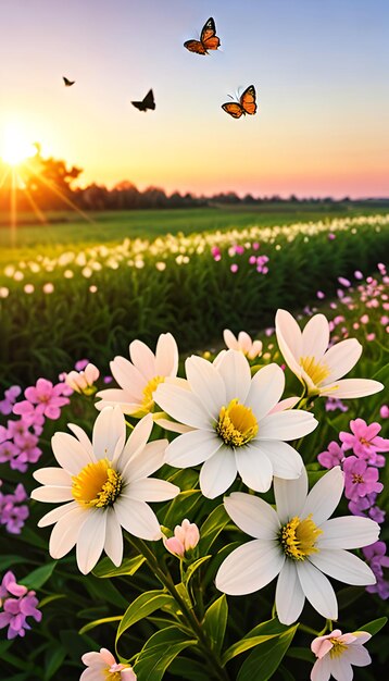 Fondo de naturaleza de verano con flores blancas florecientes y mariposas voladoras contra la luz del sol del amanecer