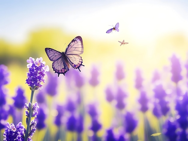 Fondo de naturaleza de verano soleado con mariposa mosca y flores de lavanda con luz solar y bokeh