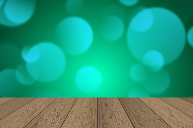 Fondo de navidad 3d con mesa de madera mirando a las luces bokeh