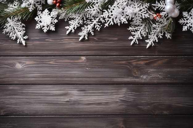 Fondo de Navidad con abeto y decoración en tablero de madera oscuraFondo de Navidad con ramas de abeto y conos y decoraciones en un tablero de madera oscura Vista desde arriba Espacio para copiar