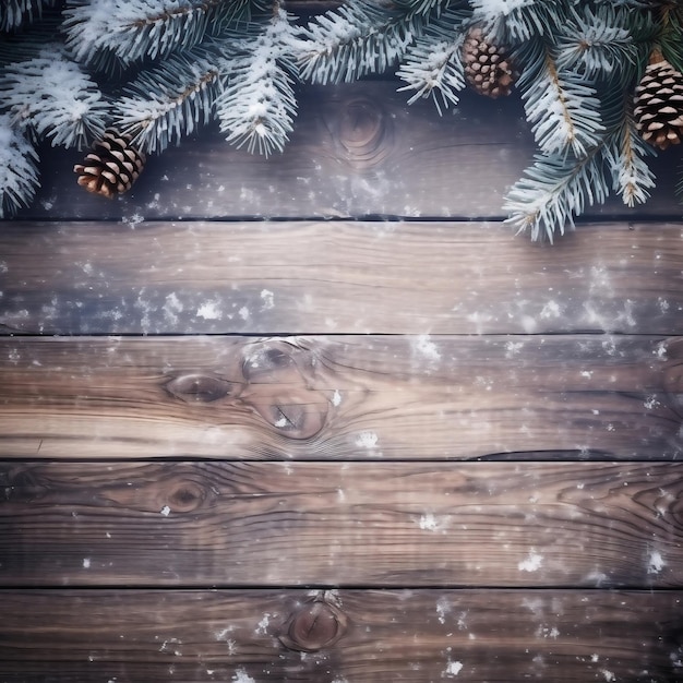 Fondo de Navidad con abeto y decoración en tablero de madera oscuraFondo de Navidad con ramas de abeto y conos y decoraciones en un tablero de madera oscura Vista desde arriba Espacio para copiar