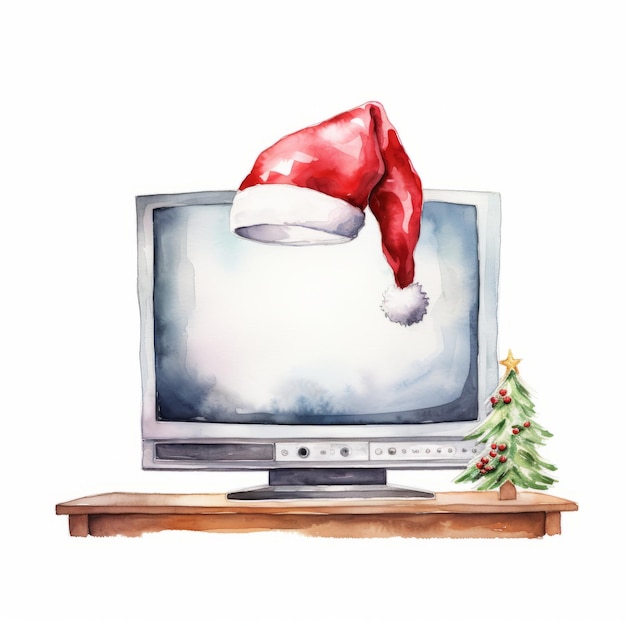 Fondo de Navidad de acuarela con un monitor y un sombrero de Papá Noel