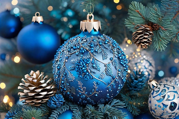 Fondo de Navidad con adornos azules conos de pino y bokeh hermosa tarjeta de Navidad