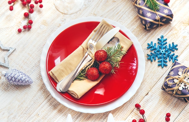 Fondo de Navidad. Ajuste de la tabla. Enfoque selectivo Comida navideña