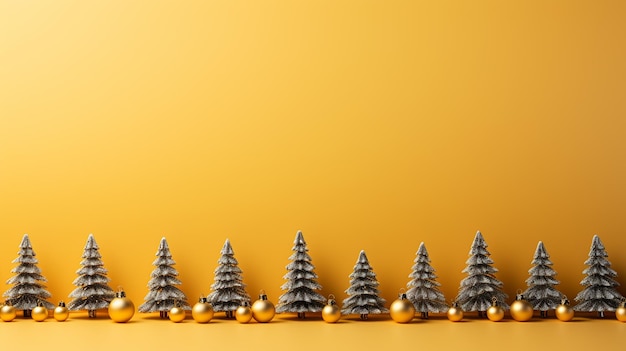 Fondo de Navidad amarillo Frontera decorativa de ramas de abeto y bolas de Navidad Copiar espacio para el texto