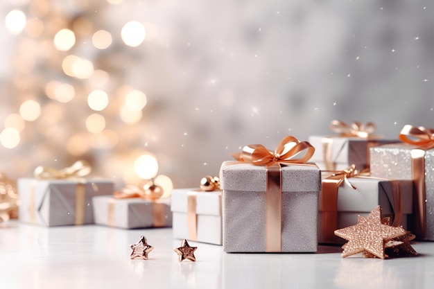 Fondo de Navidad y año nuevo Cajas de regalo brillantes y estrellas cerca del árbol de Navidad decorado sobre una pared blanca borrosa con espacio de copia de luces Feliz año nuevo Feliz celebración de Navidad IA generativa