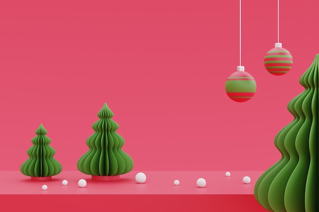 Fondo de Navidad y Año Nuevo con decoración de pino de Navidad para exhibición de productos de Navidad con copia espacio 3d renderizado