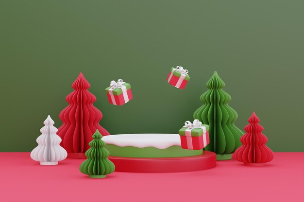 Fondo de Navidad y Año Nuevo con decoración de pino de Navidad para la exhibición de productos de Navidad con representación 3D del espacio de copia