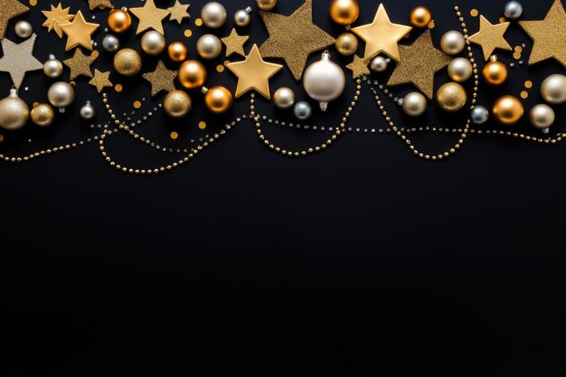 Fondo de Navidad y Año Nuevo con decoraciones de oro y plata sobre un fondo negro
