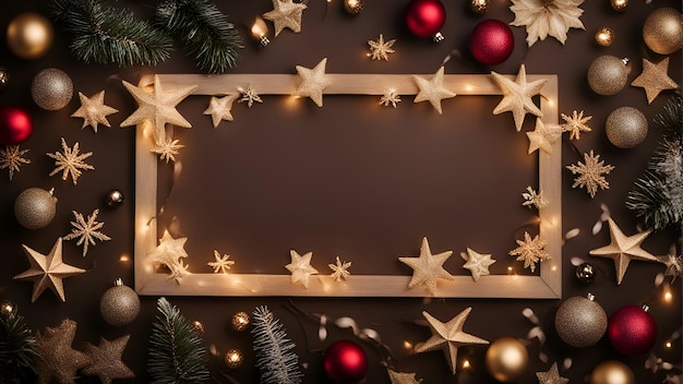 Fondo de Navidad y Año Nuevo con decoraciones, ramas de abeto, estrellas doradas y luces bokeh