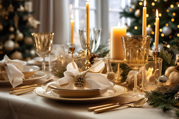 Fondo de Navidad y año nuevo Mesa de Navidad con platos copas de vino cubiertos velas ramas de abeto y decoración festiva Árbol de año nuevo decorado borrosa Nochebuena IA generativa