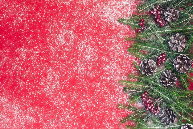 Fondo de Navidad y año nuevo, ramas de abeto verde y frutos rojos con nieve sobre un fondo rojo.