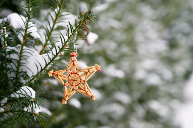 Fondo de Navidad con árbol y decoración de paja antigua natural Tiempo de vacaciones de invierno con nieve