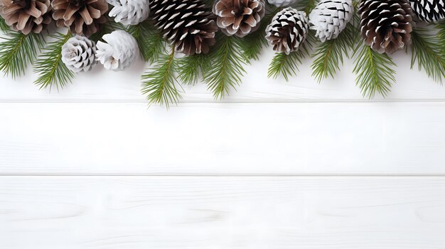 Fondo de Navidad con árbol de Navidad y conos de abeto sobre fondo de madera blanca Espacio para el texto