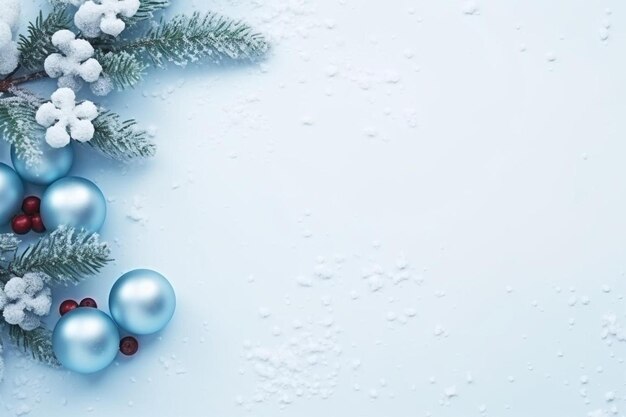 un fondo de Navidad azul y blanco con nieve y adornos