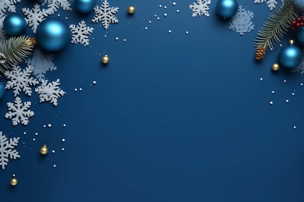 un fondo de Navidad azul con copos de nieve y adornos