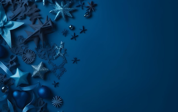 Foto fondo de navidad azul con una estrella y copos de nieve