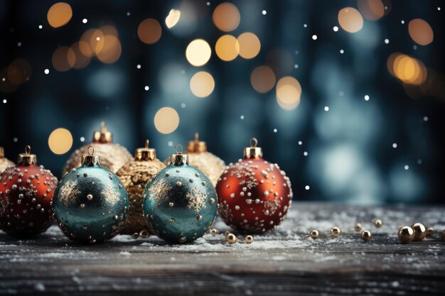 Fondo de Navidad con bolas, adornos para árboles de Navidad, tarjeta de felicitación con espacio de copia, hada de invierno