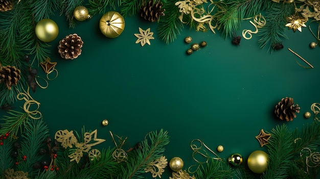 fondo de navidad con bolas y ramas de abeto sobre fondo verde