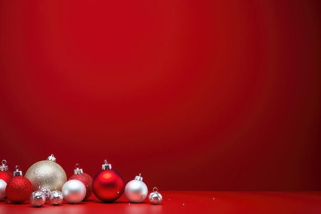 Fondo de Navidad con bolas rojas y plateadas en un fondo rojo con espacio de copia