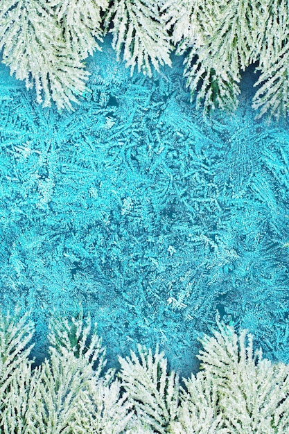Fondo de navidad con borde de rama de abeto verde y escarcha blanca en ventana de invierno congelada azul