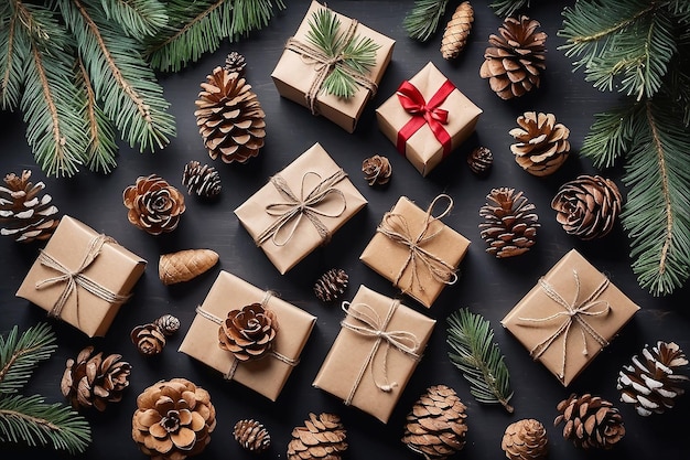 Foto fondo de navidad con cajas de regalos artesanales ramas de abeto y conos de pino tarjetas de felicitación de vacaciones de invierno con regalos