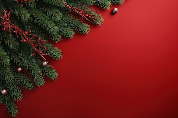 Fondo de Navidad con cones de ramas de abeto y caja de regalos sobre fondo rojo